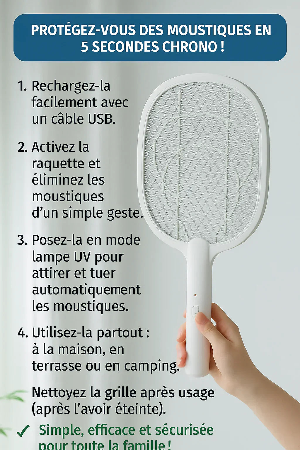 🦟 Raquette Anti-Moustique Rechargeable avec LED